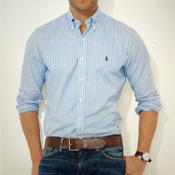 RALPH LAUREN Blue Label Dress Shirt Long Sleeve Classic Blue Stripe Medium - Picture 3 of 12